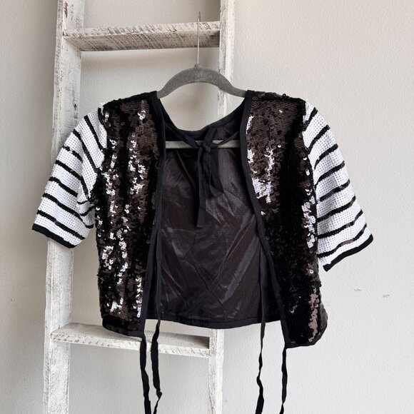 ZARA Limited Edition Black/White Sequin Open Tie-Back Top - Picture 6 of 11
